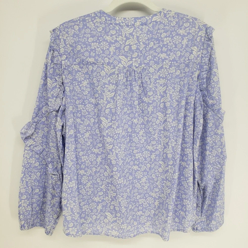 J Crew Floral Ruffle Bib Blouse Top Women Size L Blue White Cotton Peasant NWT